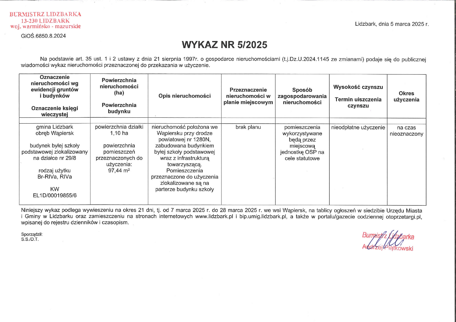 Wykaz Nr 5/2025 - Nieruchomość lokalowa do użyczenia - obr. Wąpiersk, dz. nr 29/8